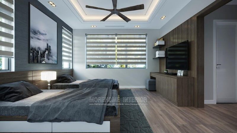 Mẫu giường ngủ gỗ bệt hiện đại với tông màu nâu nắng hiện đại tạo nên điểm nhấn cho căn phòng