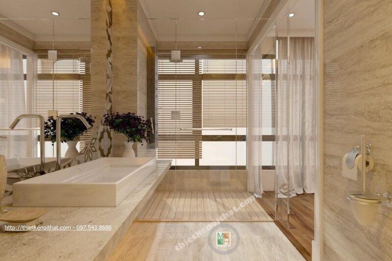 Với đá ốp tường phòng tắm và màu sắc đặc biệt, không gian nhà tắm đã tạo nên ấn tượng mạnh mẽ về tính thẩm mỹ.